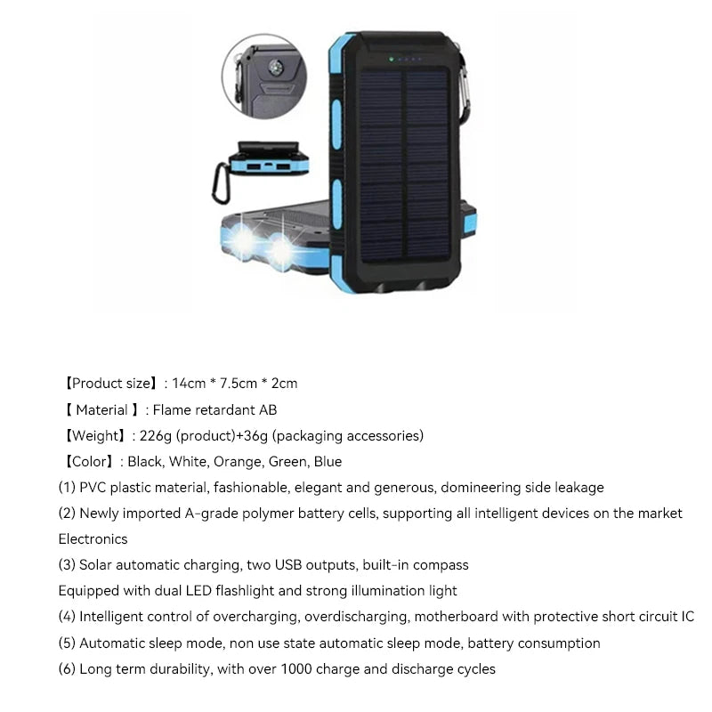 200000mah Waterproof Solar Powerbank Portable Large Capacity Charger Solar Fast Charging Waterproof With Compass For Ios Android