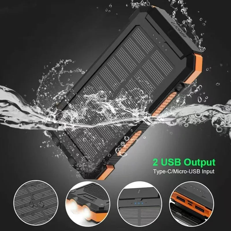 200000mah Waterproof Solar Powerbank Portable Large Capacity Charger Solar Fast Charging Waterproof With Compass For Ios Android