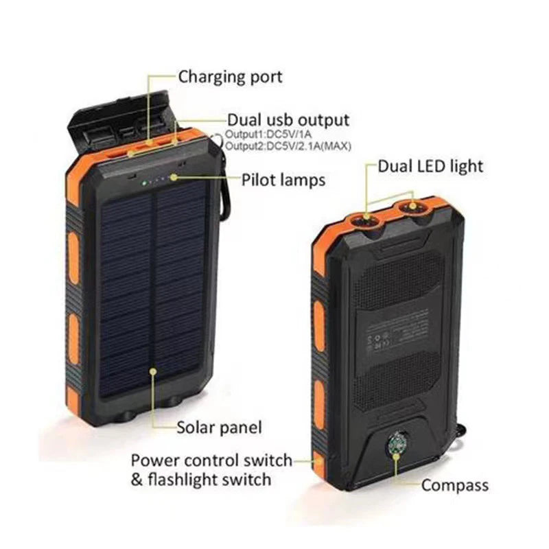 200000mah Waterproof Solar Powerbank Portable Large Capacity Charger Solar Fast Charging Waterproof With Compass For Ios Android